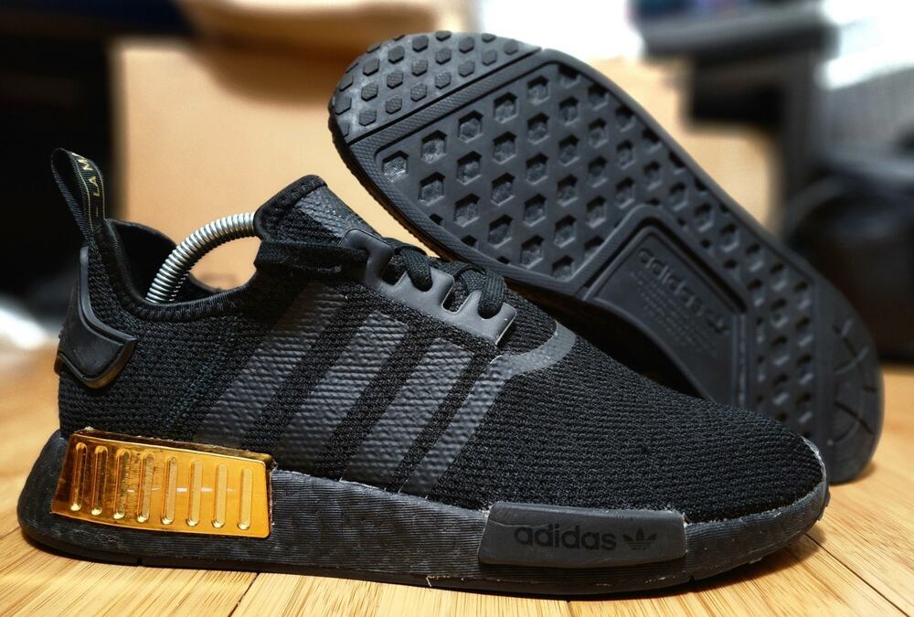 Adidas Womens Sz 10.5 Shoes Originals NMD_R1 Sneakers FV1787 Black Metallic Gold